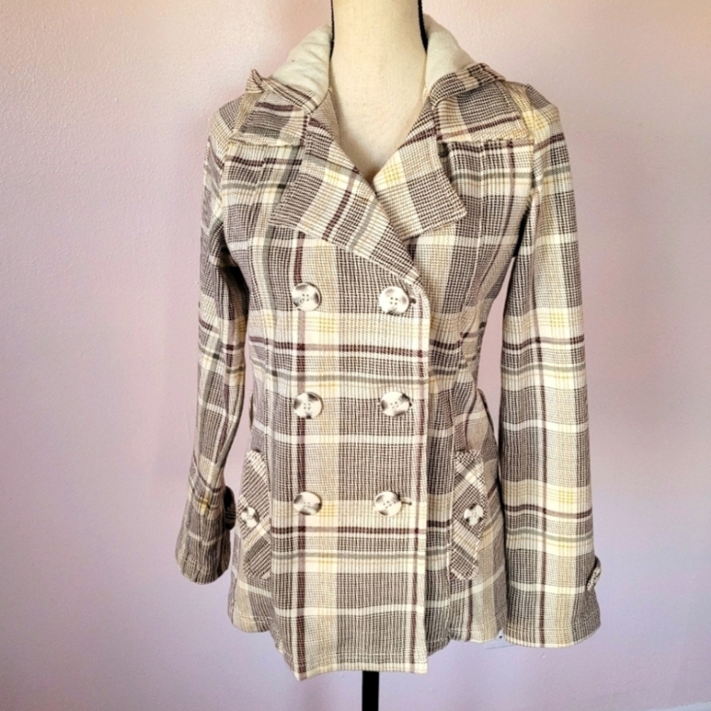 Maurices Lightweight Tan Plaid Fleece Lined Pea Coat Jacket Women's Size XL